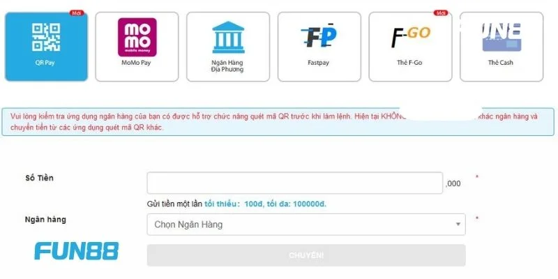 Các hình thức nạp tiền Fun88 rất đa dạng và đều dễ thực hiện. 